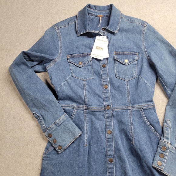 Free People Women's Blue Denim Mini Dress Size Small Cotton Stretch Blend NWT - Picture 3 of 12